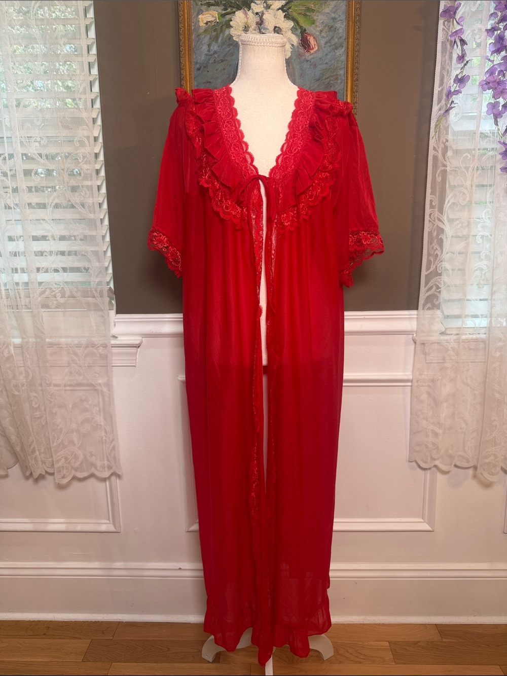 Vintage Red Peignoir Robe Lace Ruffle Sheer Open Front L XL